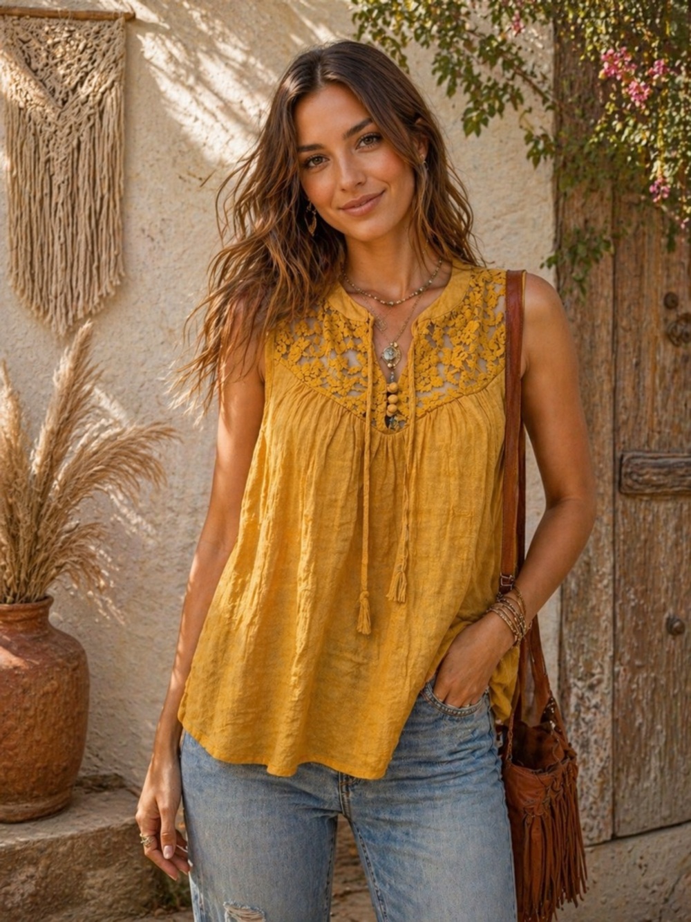 Cruel Denim Mustard Yellow Lace Yoke Tank Top Size Small Boho Western